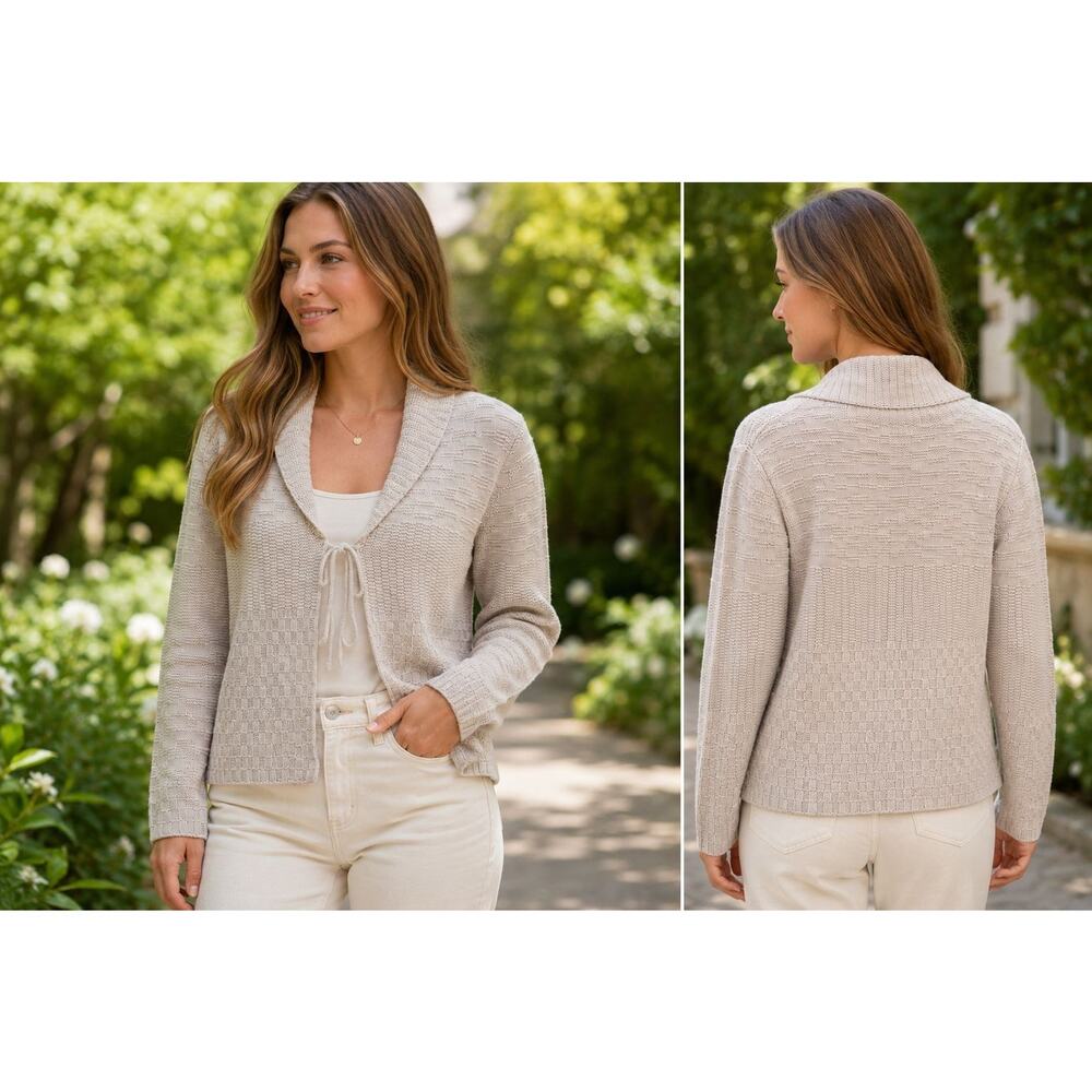 Coldwater Creek Textured Knit Cardigan Sweater Women's Light Beige Tie Front
